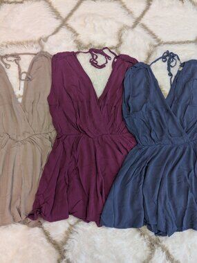 Zenana Outfitters Sleeveless V-Neck Rompers in Beige, Plum & Slate Blue